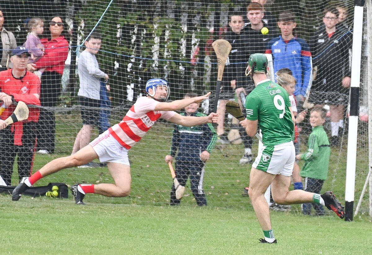 Killeagh's Ryan McCarthy hammers the ball to the Blarney net past Paul Hallissey. Picture: David Keane. Killeagh's Ryan McCarthy hammers the ball to the Blarney net past Paul Hallissey. Picture: David Keane.