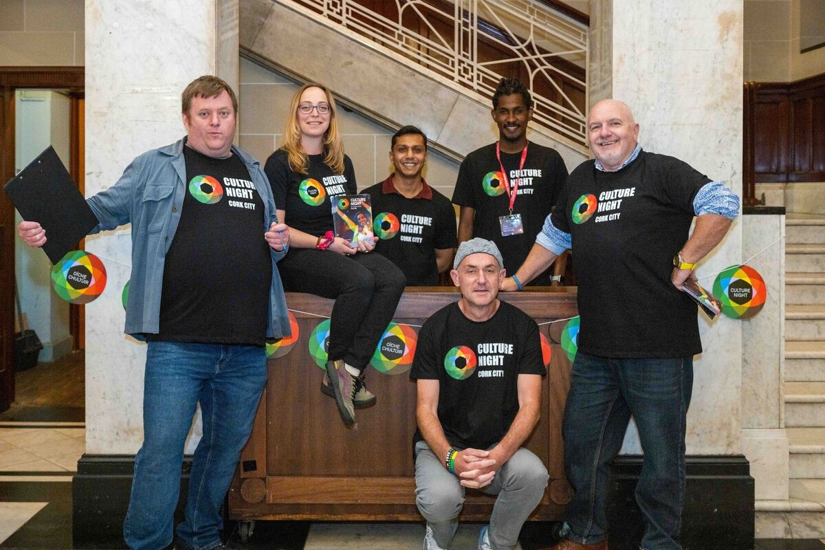 Cork City Hall Culture Night 2024 team Michael Mitten, Amandine Lebrun, Samit Dharia, Michael Naughton, Ahmed Elhassan and Neilio Ryan. Picture: Joleen Cronin Cork City Hall Culture Night 2024 team Michael Mitten, Amandine Lebrun, Samit Dharia, Michael Naughton, Ahmed Elhassan and Neilio Ryan. Picture: Joleen Cronin