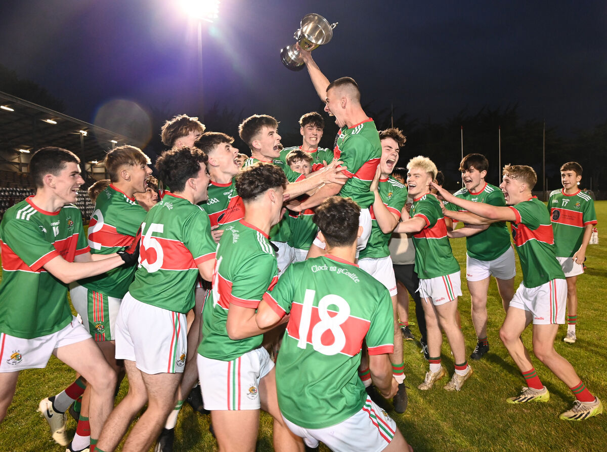 Clonakilty captain Ben Coffey and players celebrate after defeating St. Nick's in the Rebel Óg under 16 Premier 2 FC final at Pairc Ui Rinn. Picture: Eddie O'Hare