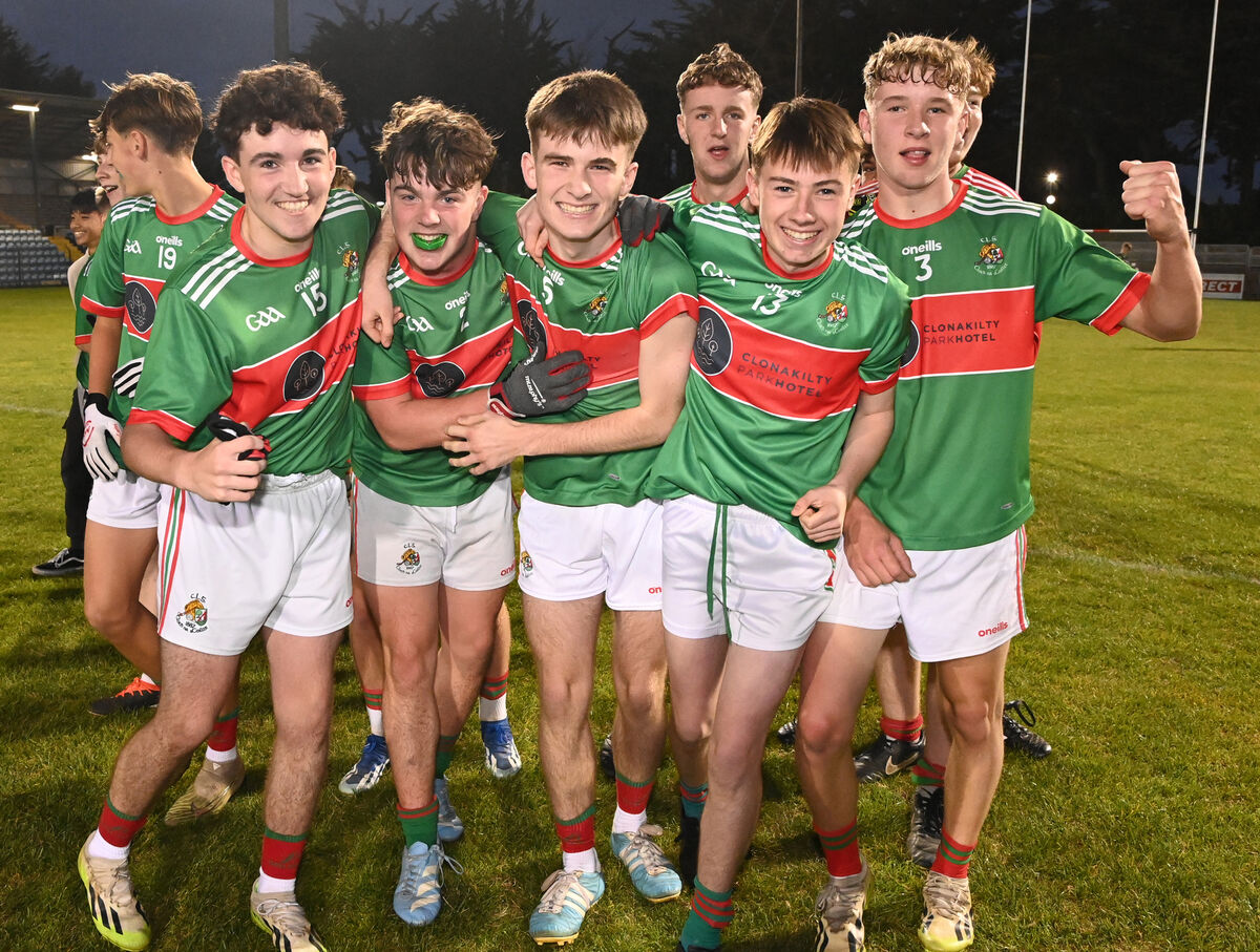 Clonakilty players after defeating St. Nick's in the Rebel Óg under 16 Premier 2 FC final at Pairc Ui Rinn. Picture: Eddie O'Hare