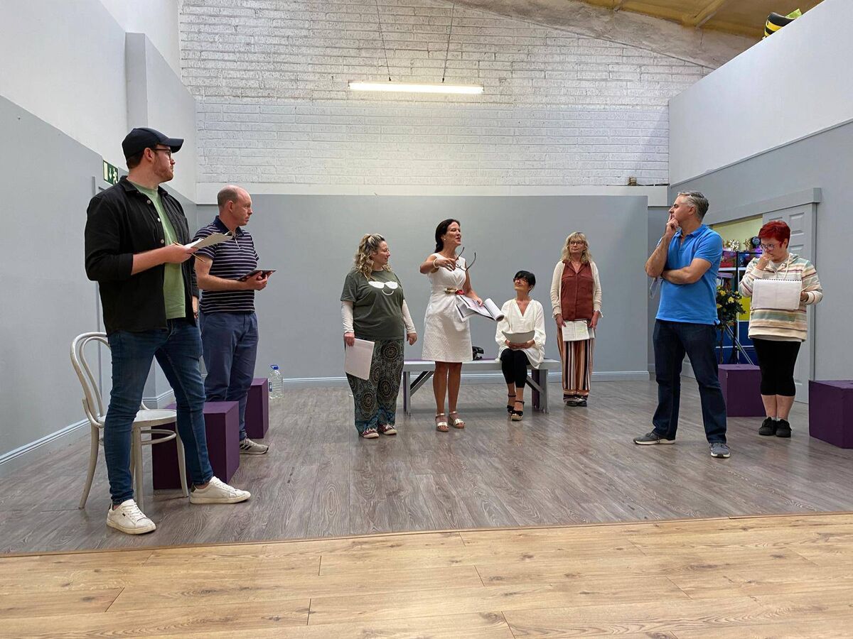 The Present Laughter cast in rehearsals. The Present Laughter cast in rehearsals.