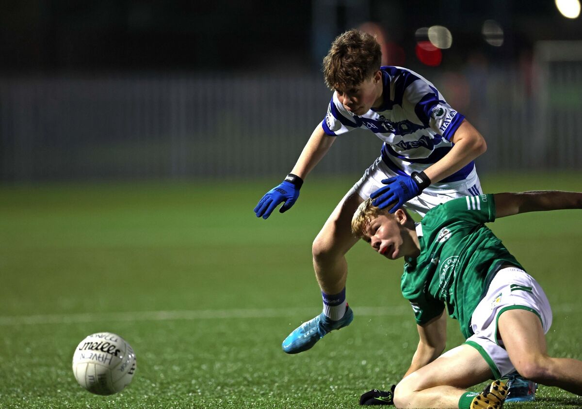 James Maguire, Castlehaven, battling Oran Cunningham, Killeagh, in the Rebel Óg Premier 2 Minor Football semi-final at Bishopstown. Picture: Jim Coughlan.