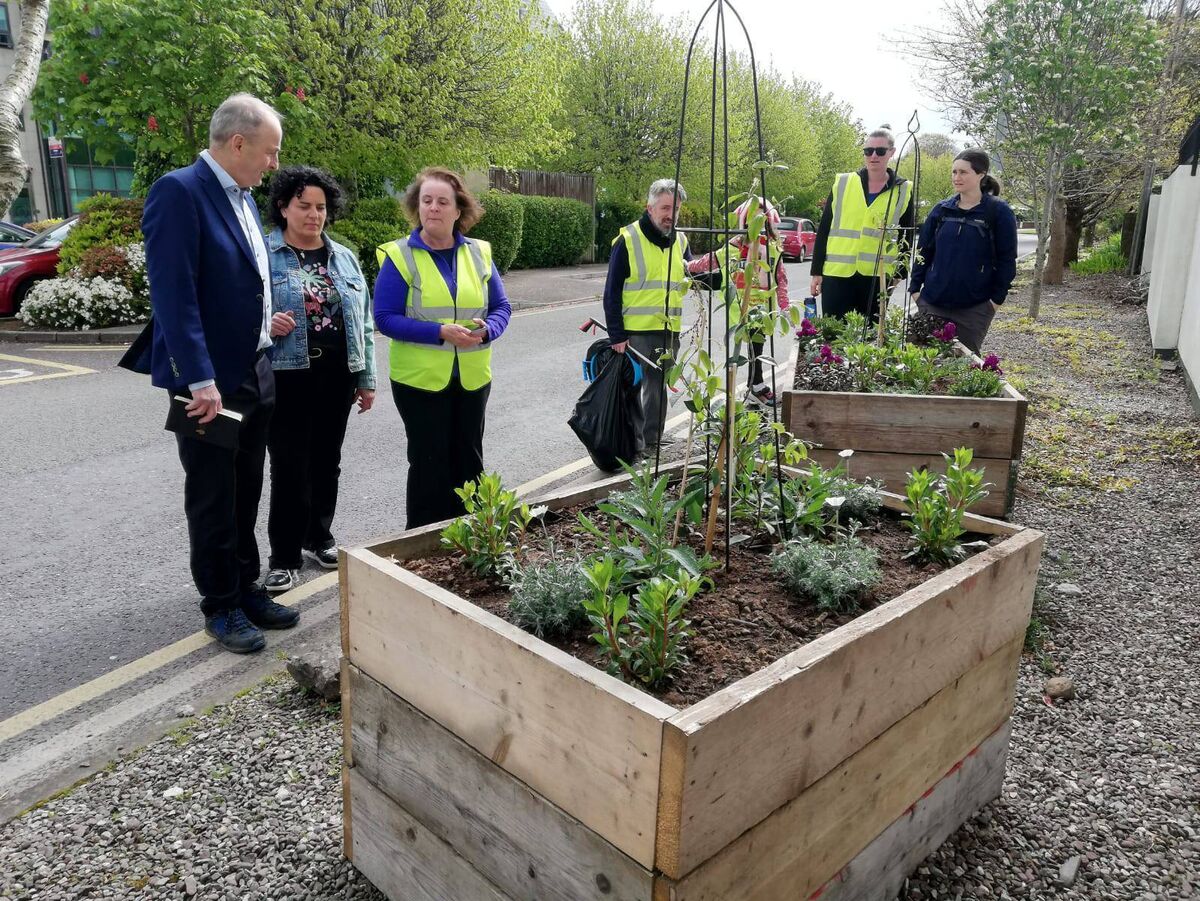 Micheál Martin, Fianna Fáil South-East Ward councillor Mary Rose Desmond, and Tara de Montfort of Douglas Tidy Towns, along with other volunteers, in East Village, Douglas, earlier this year.