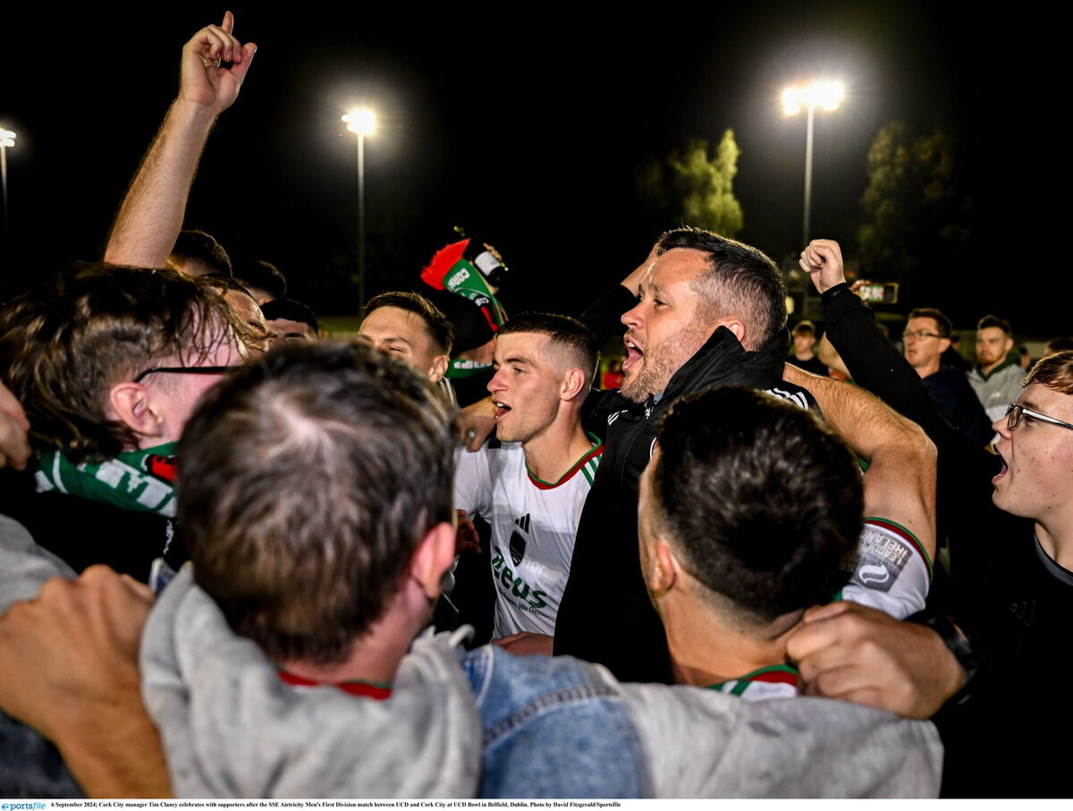 Cork City manager Tim Clancy celebrates with supporters after beating UCD to secure the First Division title. Picture: David Fitzgerald/Sportsfile Cork City manager Tim Clancy celebrates with supporters after beating UCD to secure the First Division title. Picture: David Fitzgerald/Sportsfile