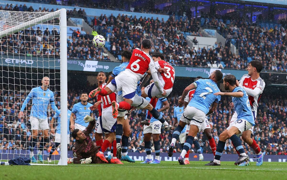  Gabriel of Arsenal scores their second goal during the Premier League match between Manchester City FC and Arsenal FC at Etihad Stadium. Picture: James Gill - Danehouse/Getty Images