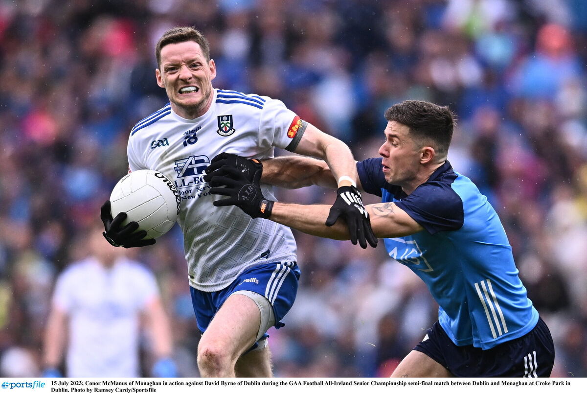 Conor McManus of Monaghan in action against David Byrne of Dublin. Picture: Ramsey Cardy/Sportsfile