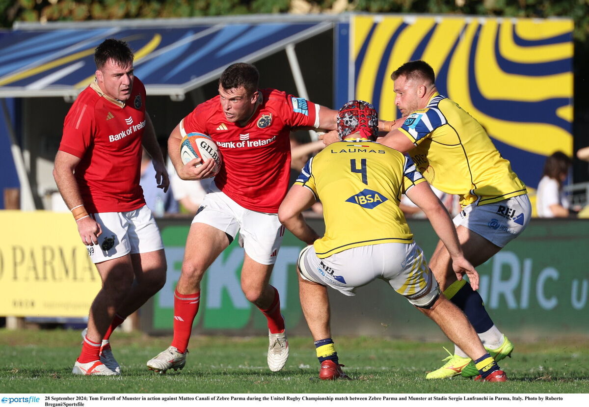 Tom Farrell of Munster in action against Matteo Canali of Zebre. Picture: Roberto Bregani/Sportsfile