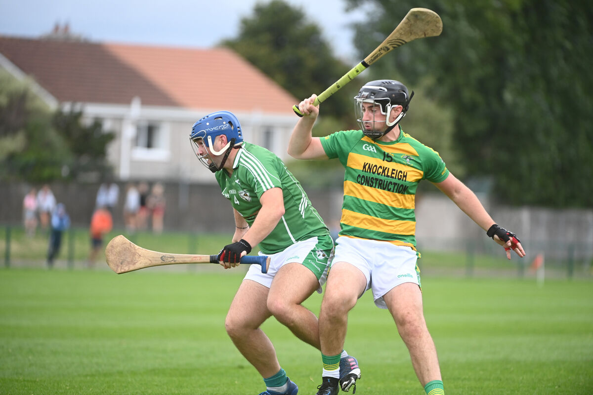 Jamie Fogarty of Killeagh gets the better of Ballymartle's Keith Fitzpatrick in the 2022 SAHC relegation play-off. Picture: Larry Cummins
