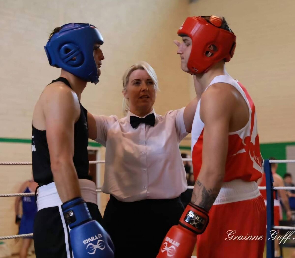 Cork Boxing: Referee Louise Forde giving instructions to Adam Kiely, Saviours Crystal, and Kuba Pielesz, Golden Gloves, at the Golden Gloves Tournament. Cork Boxing: Referee Louise Forde giving instructions to Adam Kiely, Saviours Crystal, and Kuba Pielesz, Golden Gloves, at the Golden Gloves Tournament.