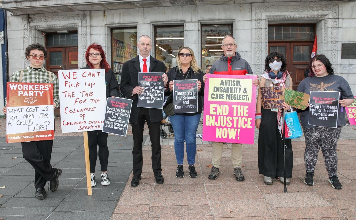 Speakers, Rachel Hurley, Rebecca O'Riordan,Mark Darmody, Andrea Davis, Deputy Mick Barry TD, Charlie Mullowney and Luna Fleming at a pre-budget protest in Cork. Picture: David Creedon