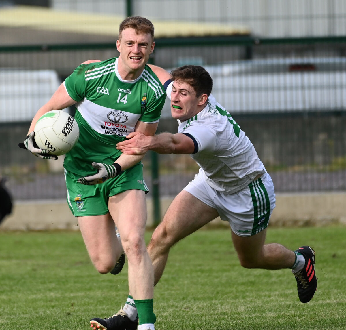 Macroom's Alan Quinn is tackled by Ilen Rovers' Jack Collins during the McCarthy Insurance Group Premier IFC relegation playoff at Dunmanway. Picture: Eddie O'Hare Macroom's Alan Quinn is tackled by Ilen Rovers' Jack Collins during the McCarthy Insurance Group Premier IFC relegation playoff at Dunmanway. Picture: Eddie O'Hare