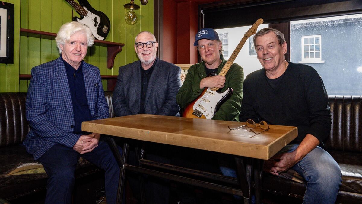 Donal Gallagher, Peter Aiken, Joe Bonamassa, and Gerry McAvoy pictured in The Oliver Plunkett yesterday during a press conference to announce details of a unique celebration of Rory Gallagher as part of next year’s Live at their Marquee line-up. Picture: Chani Anderson 