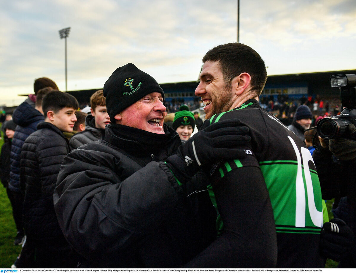 Luke Connolly of Nemo Rangers celebrates with Nemo Rangers selector Billy Morgan following the Munster SFC final win over Clonmel Commercials in 2019. Picture: Eóin Noonan/Sportsfile