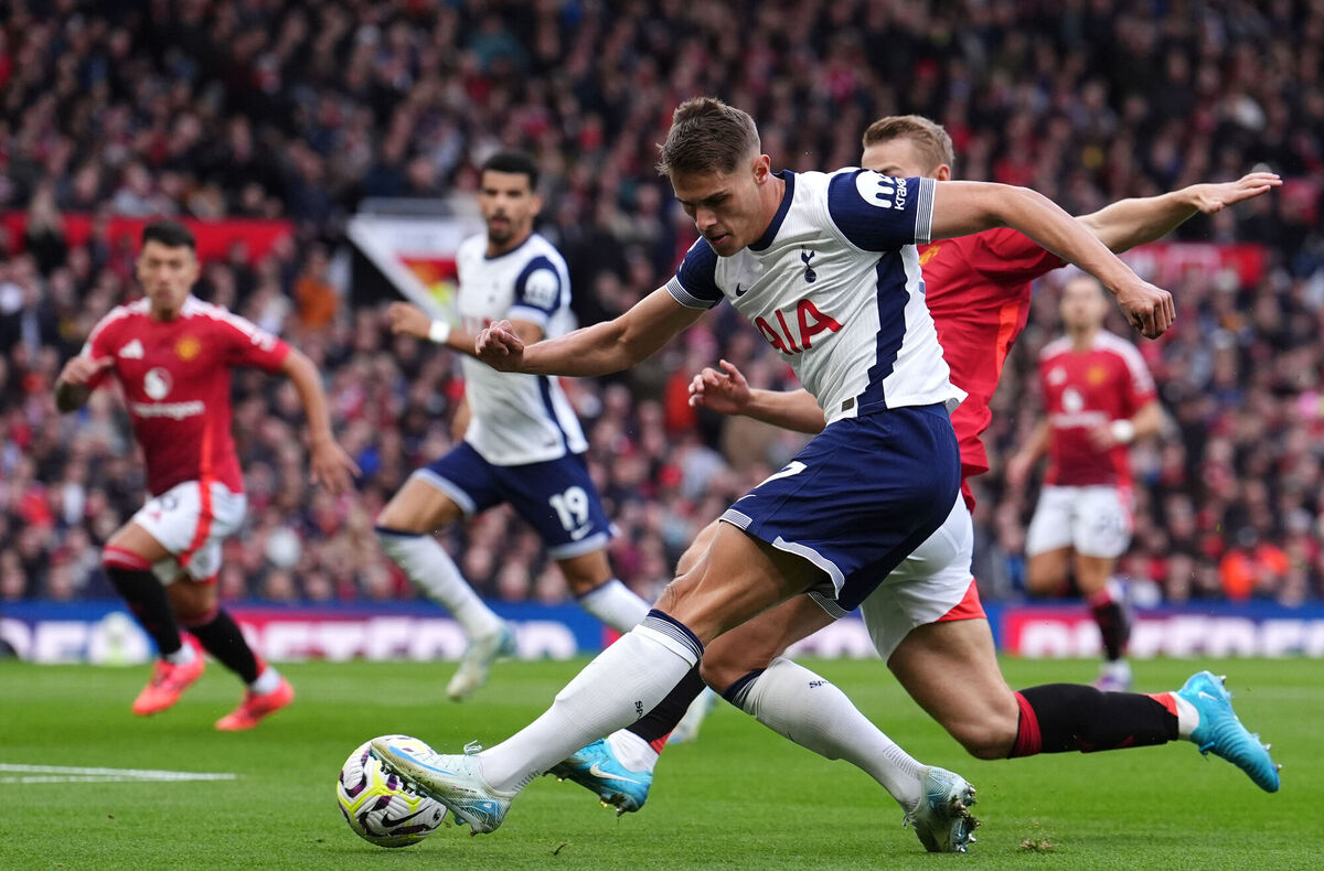 Tottenham Hotspur's Micky van de Ven provides the assist for Tottenham Hotspur's first goal of the game scored by Brennan Johnson, during the Premier League match at Old Trafford, Manchester. Picture: Martin Rickett/PA Wire.