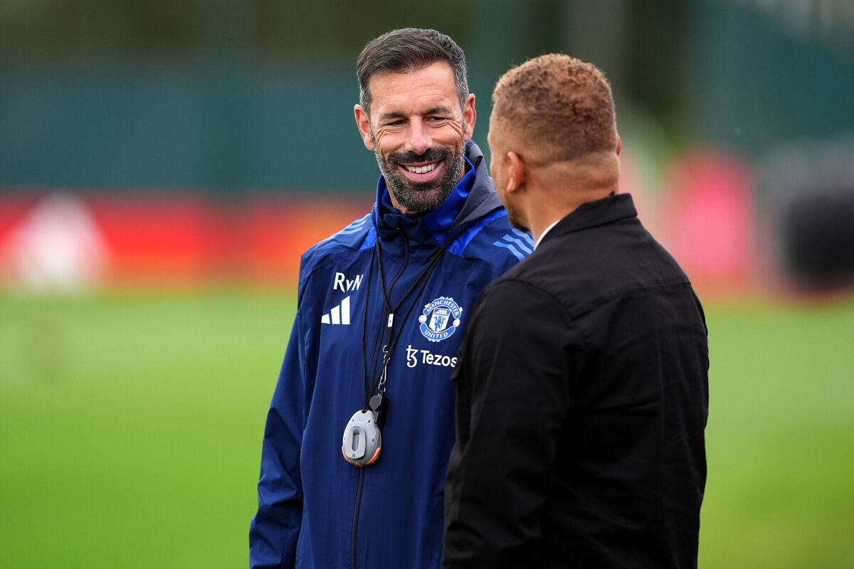 Manchester United assistant coach Ruud van Nistelrooy (left) and Wes Brown during a training session at the Carrington Training Complex, Manchester. Picture: Martin Rickett/PA Wire.