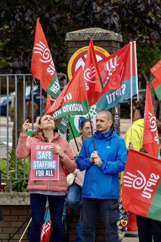 SIPTU members pictured outside CUH where a large number of hospital staff staged a lunchtime protest on staffing shortages and the impact of the recruitment freeze. Picture: Chani Anderson