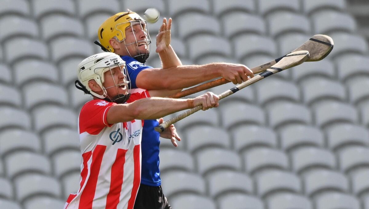 Sarsfields' Aaron Myers and Imokilly's Ciarán O'Brien tussle for possession during the Co-Op SuperStores Premier SHC semi-final last year. Picture: Eddie O'Hare Sarsfields' Aaron Myers and Imokilly's Ciarán O'Brien tussle for possession during the Co-Op SuperStores Premier SHC semi-final last year. Picture: Eddie O'Hare