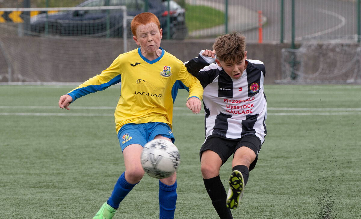 Charlie Broderick of Carrigaline B clashes with William Larcy of Midleton B during the CSL U13 Division 4 match at Ballea Park. Picture: Howard Crowdy Charlie Broderick of Carrigaline B clashes with William Larcy of Midleton B during the CSL U13 Division 4 match at Ballea Park. Picture: Howard Crowdy