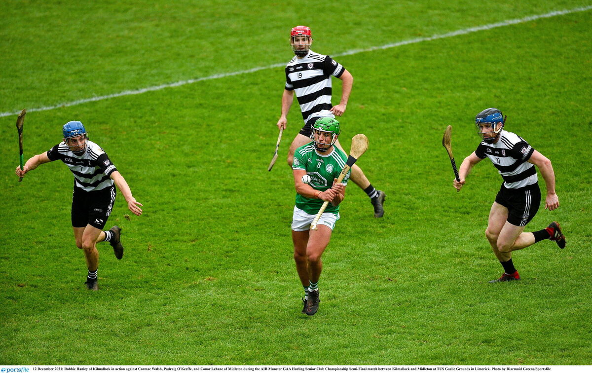 Robbie Hanley of Kilmallock in action against Cormac Walsh, Padraig O'Keeffe, and Conor Lehane of Midleton in 2021. Picture: Diarmuid Greene/Sportsfile