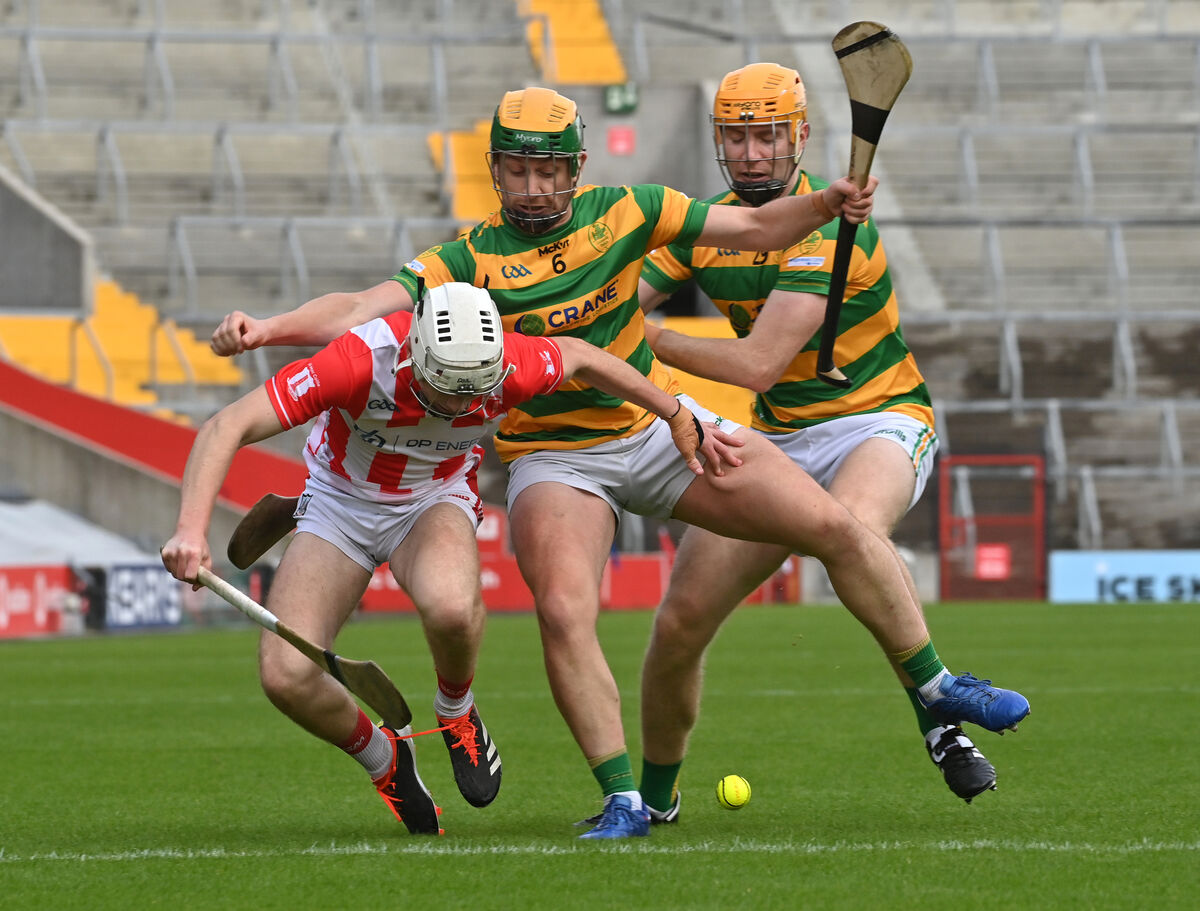 Blackrock players Alan O'Callaghan and Mark O'Keeffe contest this breaking ball with Jack Leahy, Imokilly. Picture: Dan Linehan Blackrock players Alan O'Callaghan and Mark O'Keeffe contest this breaking ball with Jack Leahy, Imokilly. Picture: Dan Linehan