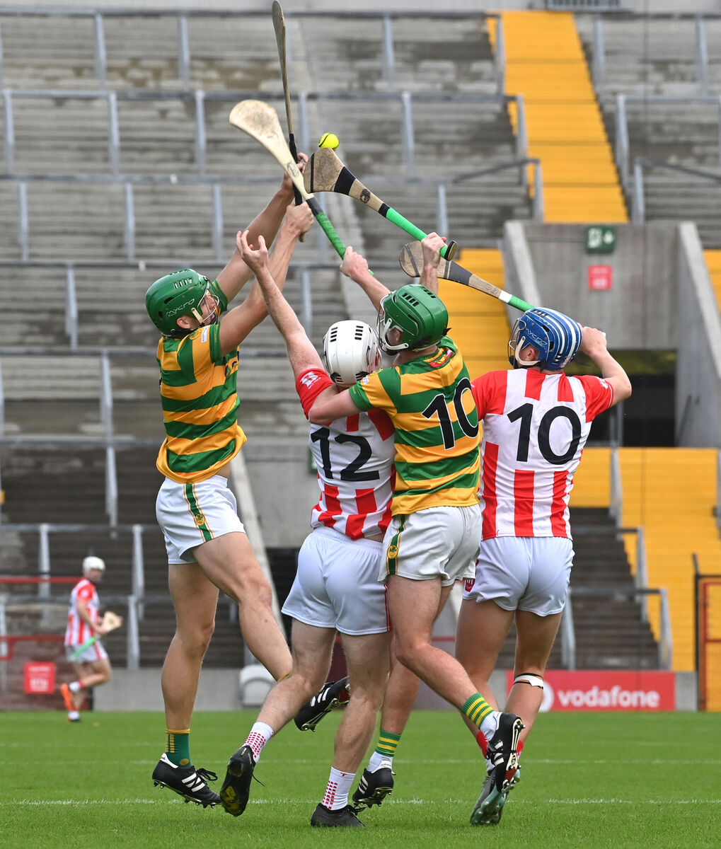 John Cashman and Peter Linehan, Blackrock contest this high ball with Brian Lawton and Diarmuid Healy, Imokilly. Picture: Dan Linehan John Cashman and Peter Linehan, Blackrock contest this high ball with Brian Lawton and Diarmuid Healy, Imokilly. Picture: Dan Linehan
