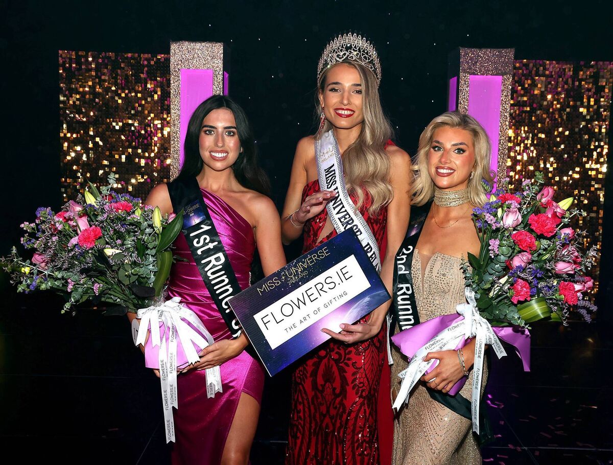 Sophie Labus from Cork (centre) who was crowned Miss Universe 2024. Also pictured are Caoimhe Kenny - First runner up (Left) and Annie O Dea -Second runner up (Right). Picture; Brian McEvoy