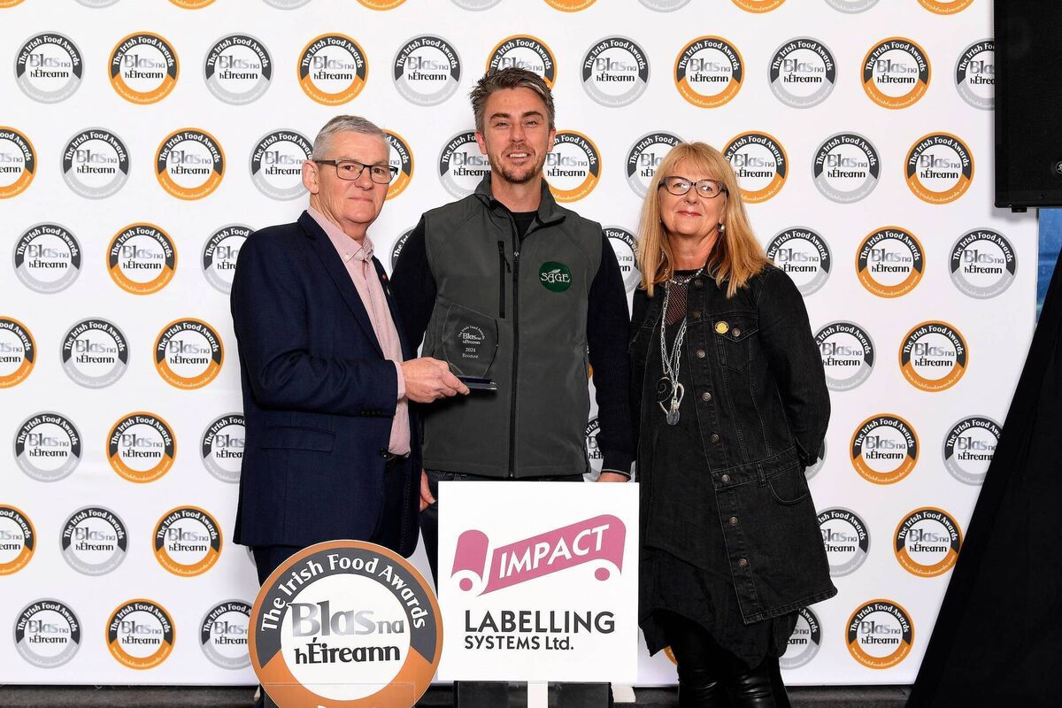 Kevin Aherne of Sage To Go, receiving their award at the annual Blas Na h-Eireann / Irish Food Awards in Dingle, County Kerry at the weekend from Artie Clifford, Chairman, Blas na hÉireann and Emmett Logue, Andrews Ingredients, sponsor. Picture: Don MacMonagle