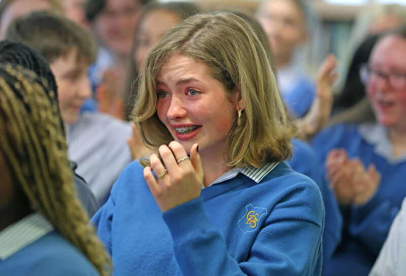 Ciara O’Driscoll, from Turners Cross, with tears of joy after hearing she had the best results in the school with nine distinctions after receiving her Junior Cert results at Christ King Girls Secondary School. Picture: Jim Coughlan. Ciara O’Driscoll, from Turners Cross, with tears of joy after hearing she had the best results in the school with nine distinctions after receiving her Junior Cert results at Christ King Girls Secondary School. Picture: Jim Coughlan.