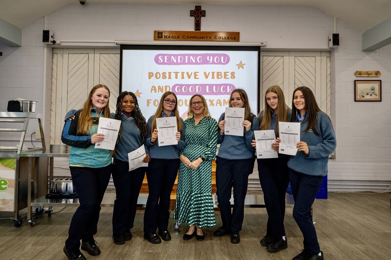 Sophie Lawlor, Alicia Ali, Zoey McCarthy, Charlotte Lane-O’Brien, Sophie O’Connor and Gabrielle Corcoran, pictured with teacher Sandie O’Shaughnessy are all smiles after receiving their Junior Cert Results at the Nagle Community College. Picture: Chani Anderson. Sophie Lawlor, Alicia Ali, Zoey McCarthy, Charlotte Lane-O’Brien, Sophie O’Connor and Gabrielle Corcoran, pictured with teacher Sandie O’Shaughnessy are all smiles after receiving their Junior Cert Results at the Nagle Community College. Picture: Chani Anderson.