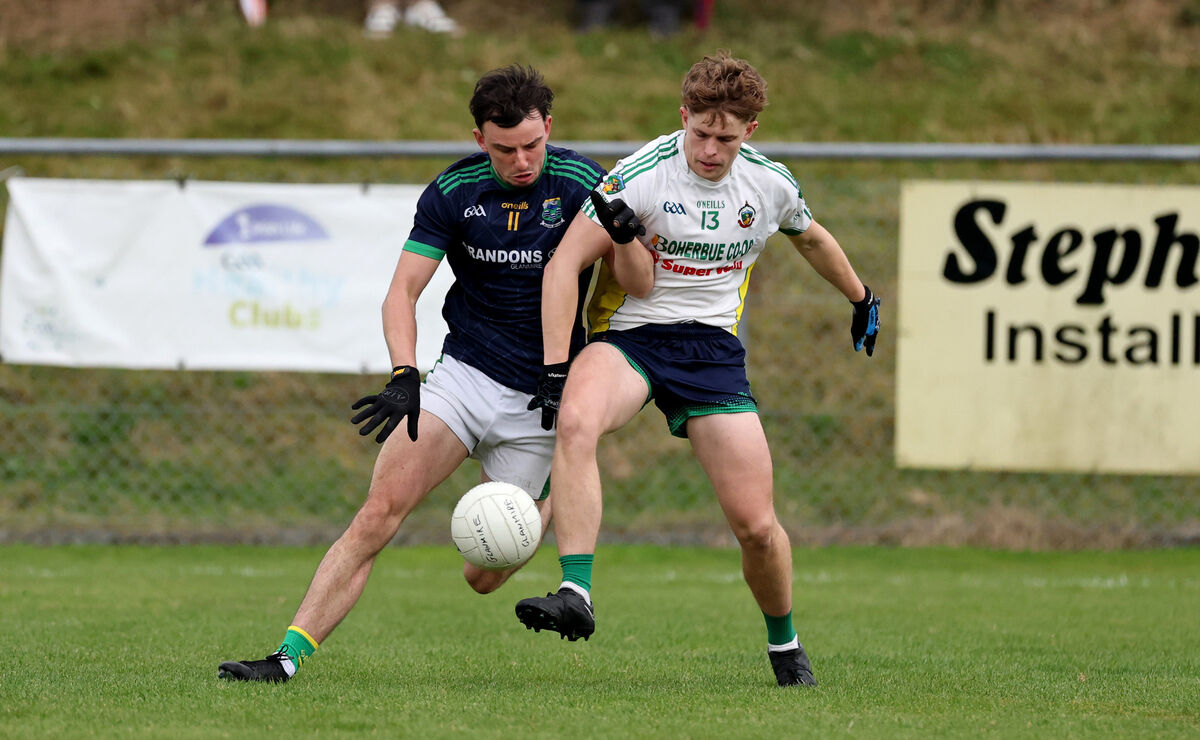 Glanmire's David Lynch and Alan O'Connor of Boherbue battle for the ball last month. Picture: Jim Coughlan
