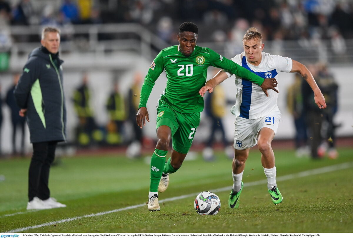 Chiedozie Ogbene of Republic of Ireland in action against Topi Keskinen of Finland during the UEFA Nations League B Group 2 match between Finland and Republic of Ireland at the Helsinki Olympic Stadium in Helsinki, Finland. Photo by Stephen McCarthy/Sportsfile Chiedozie Ogbene of Republic of Ireland in action against Topi Keskinen of Finland during the UEFA Nations League B Group 2 match between Finland and Republic of Ireland at the Helsinki Olympic Stadium in Helsinki, Finland. Photo by Stephen McCarthy/Sportsfile