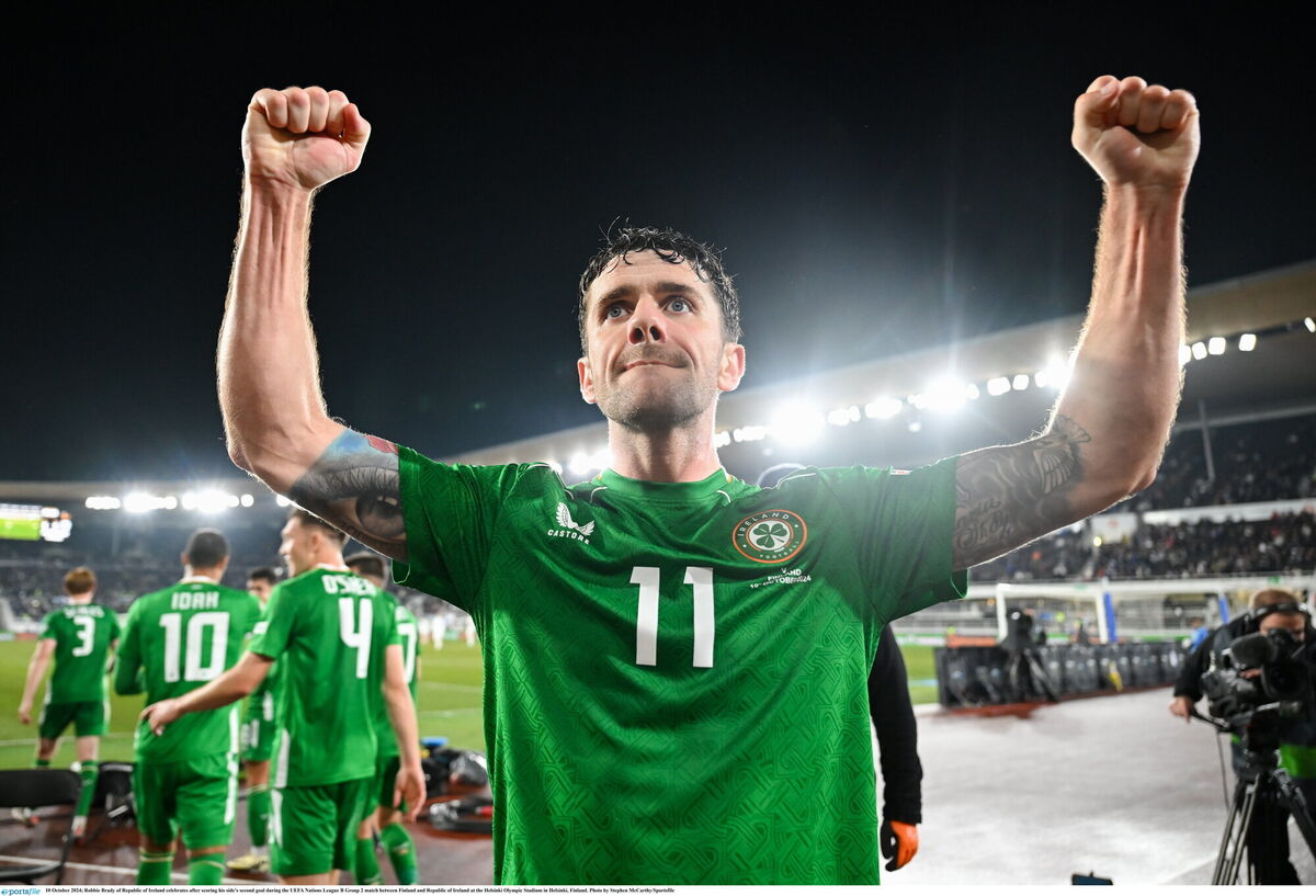 Robbie Brady of Republic of Ireland celebrates after scoring his side's second goal during the UEFA Nations League B Group 2 match between Finland and Republic of Ireland at the Helsinki Olympic Stadium in Helsinki, Finland. Photo by Stephen McCarthy/Sportsfile Robbie Brady of Republic of Ireland celebrates after scoring his side's second goal during the UEFA Nations League B Group 2 match between Finland and Republic of Ireland at the Helsinki Olympic Stadium in Helsinki, Finland. Photo by Stephen McCarthy/Sportsfile