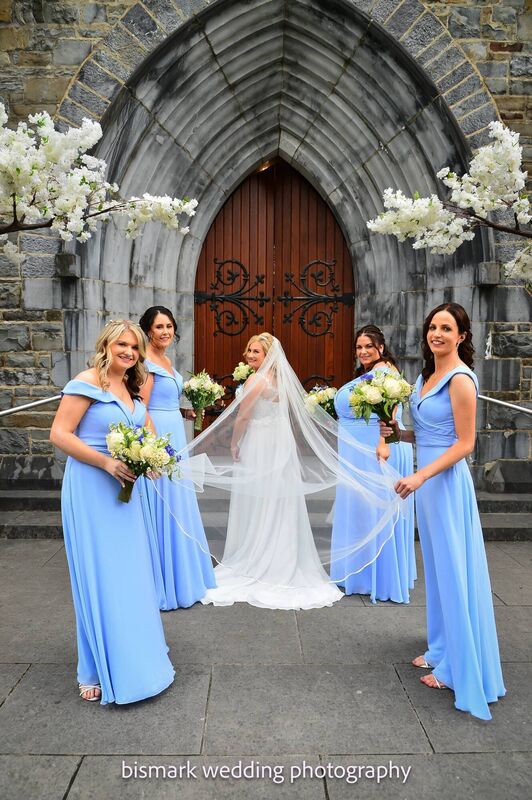 Bride Niamh O’Leary with her bridesmaids outside St Mary’s Cathedral in Killarney.