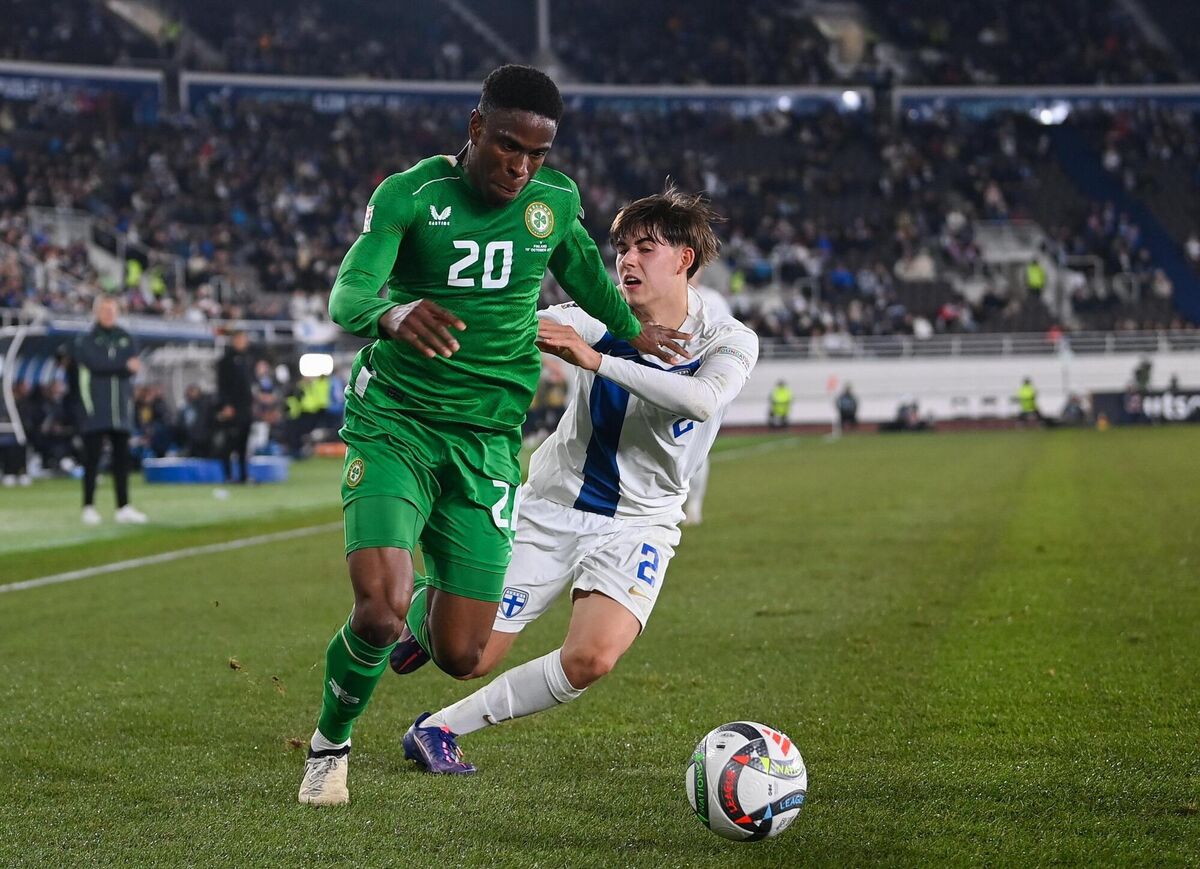 Republic of Ireland's Chiedozie Ogbene breaks past Tomas Galvez of Finland during their UEFA Nations League B Group 2 match in Helsinki, Finland. Picture:  Stephen McCarthy/Sportsfile
