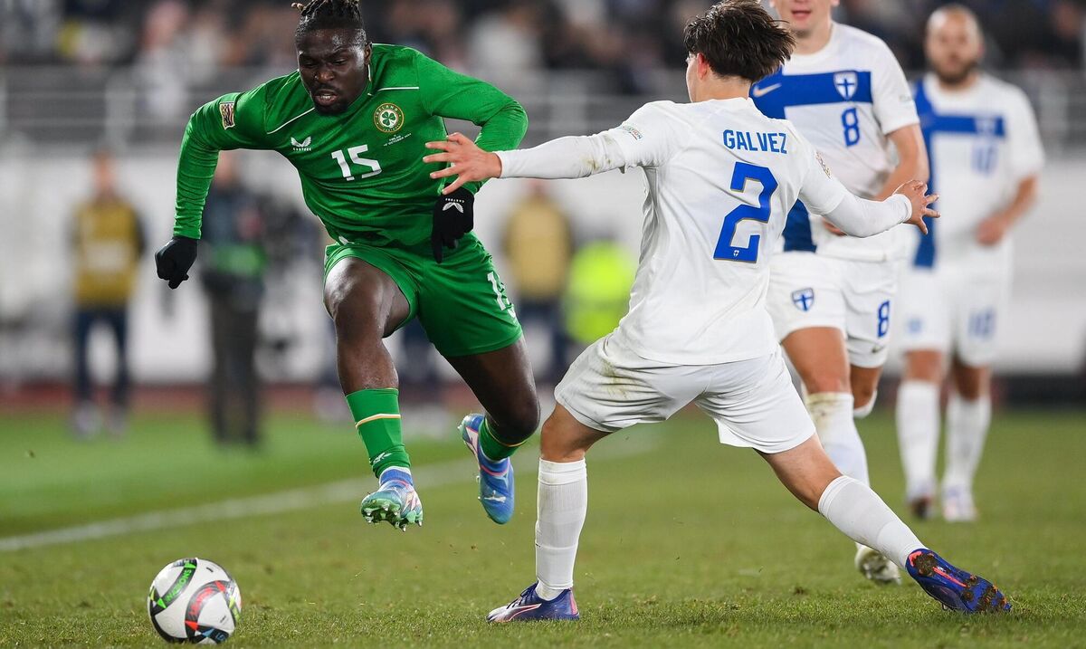 Republic of Ireland's  Festy Ebosele takes on Tomas Galvez of Finland during the UEFA Nations League B Group 2 match on Thursday Picture: Stephen McCarthy/Sportsfile