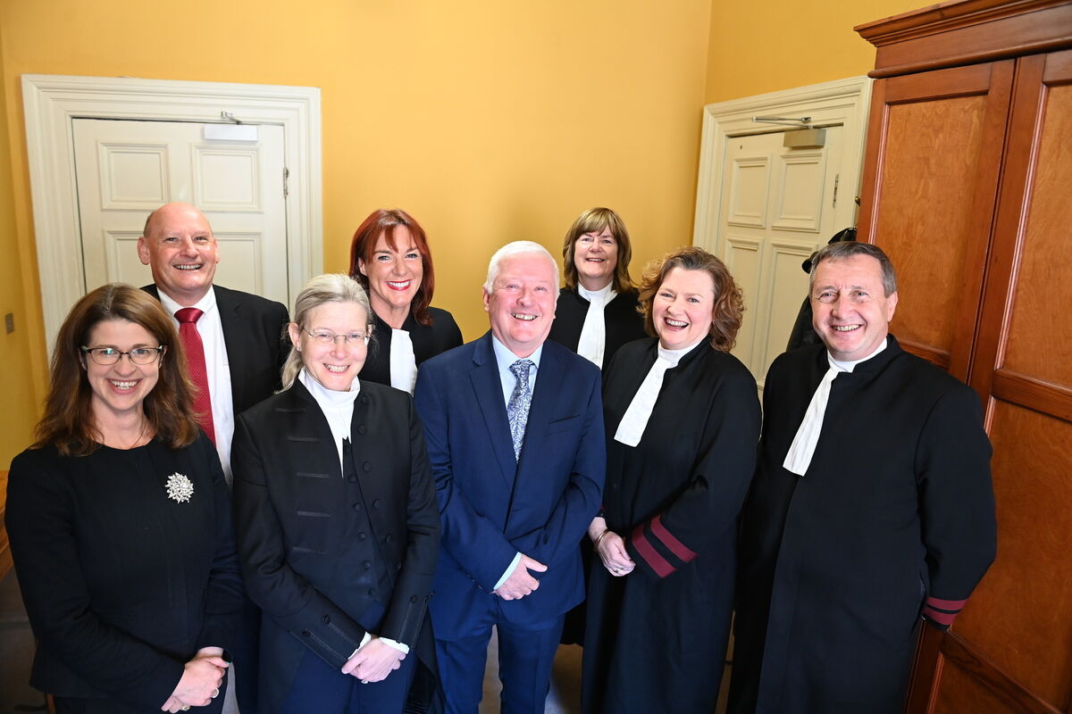 Retirement of (centre) Martin O'Donovan, Registrar at Washington Street Courthouse, pictured with (from left) Clare O Shea - O Neill, County Registrar, Judge John King, Judge Fiona O Sullivan, Judge Sinead Behan, Judge Mary Dorgan, Judge Helen Boyle, and Judge Dermot Sheehan. Pic Larry Cummins