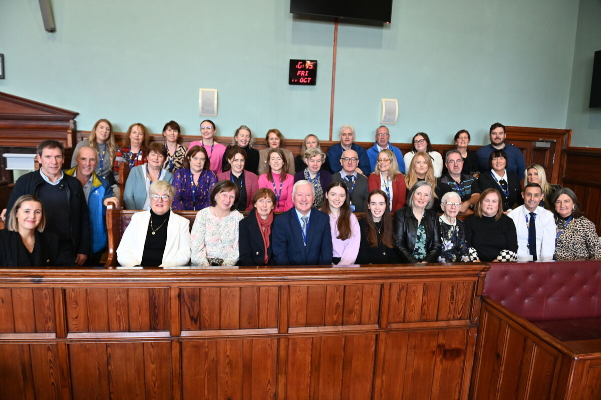 Retirement of (centre) Martin O Donovan, Registrar at Washington Street Courthouse, pictured with his wife Angela, daughters Fiona and Orla and family and colleagues from the courts service today. Pic Larry Cummins