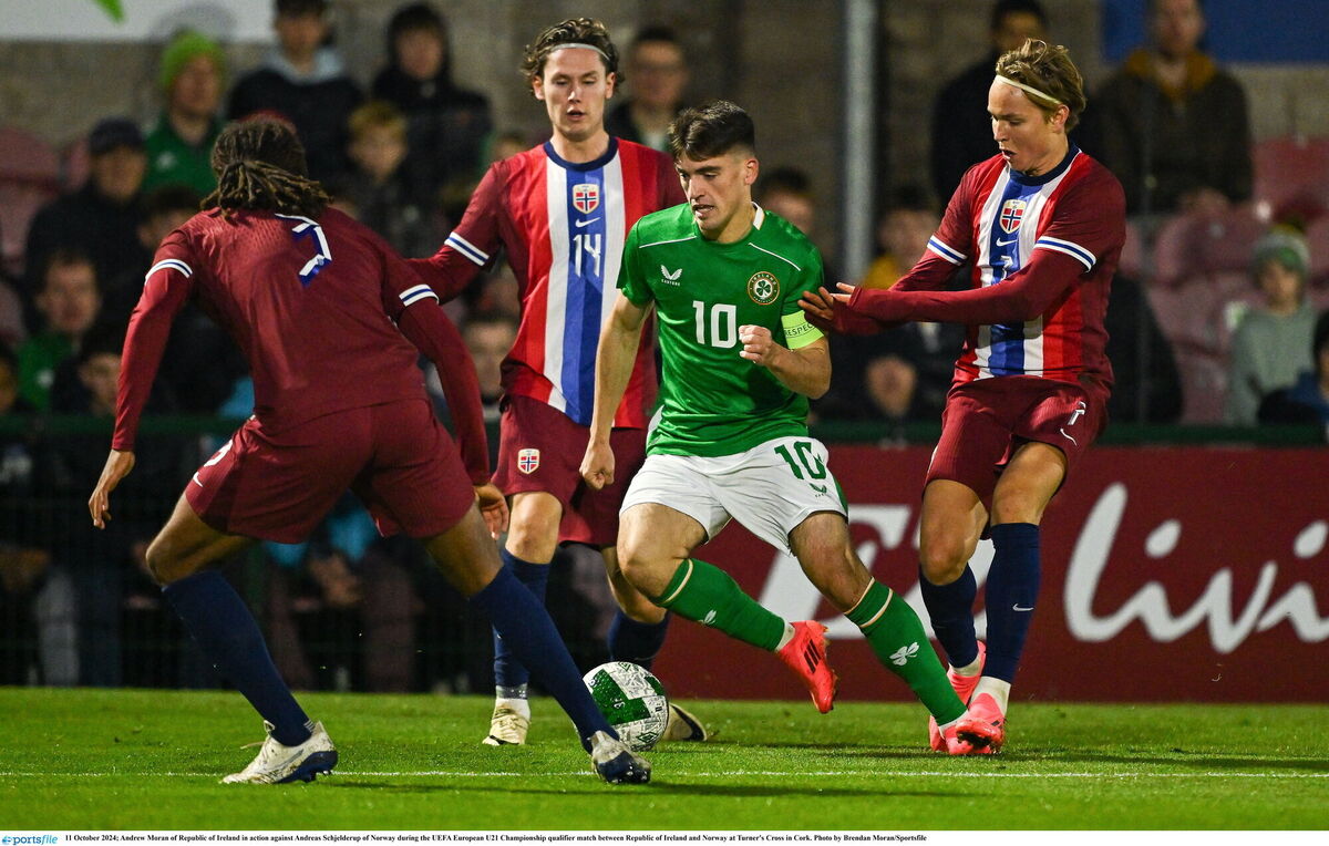 Andrew Moran in action against Andreas Schjelderup of Norway. Picture: Brendan Moran/Sportsfile