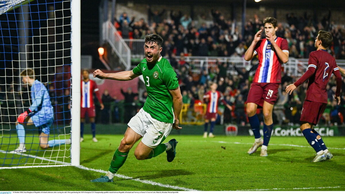 Sean Roughan of Republic of Ireland celebrates after scoring his side's first goal against Norway at Turner's Cross. Picture: Brendan Moran/Sportsfile