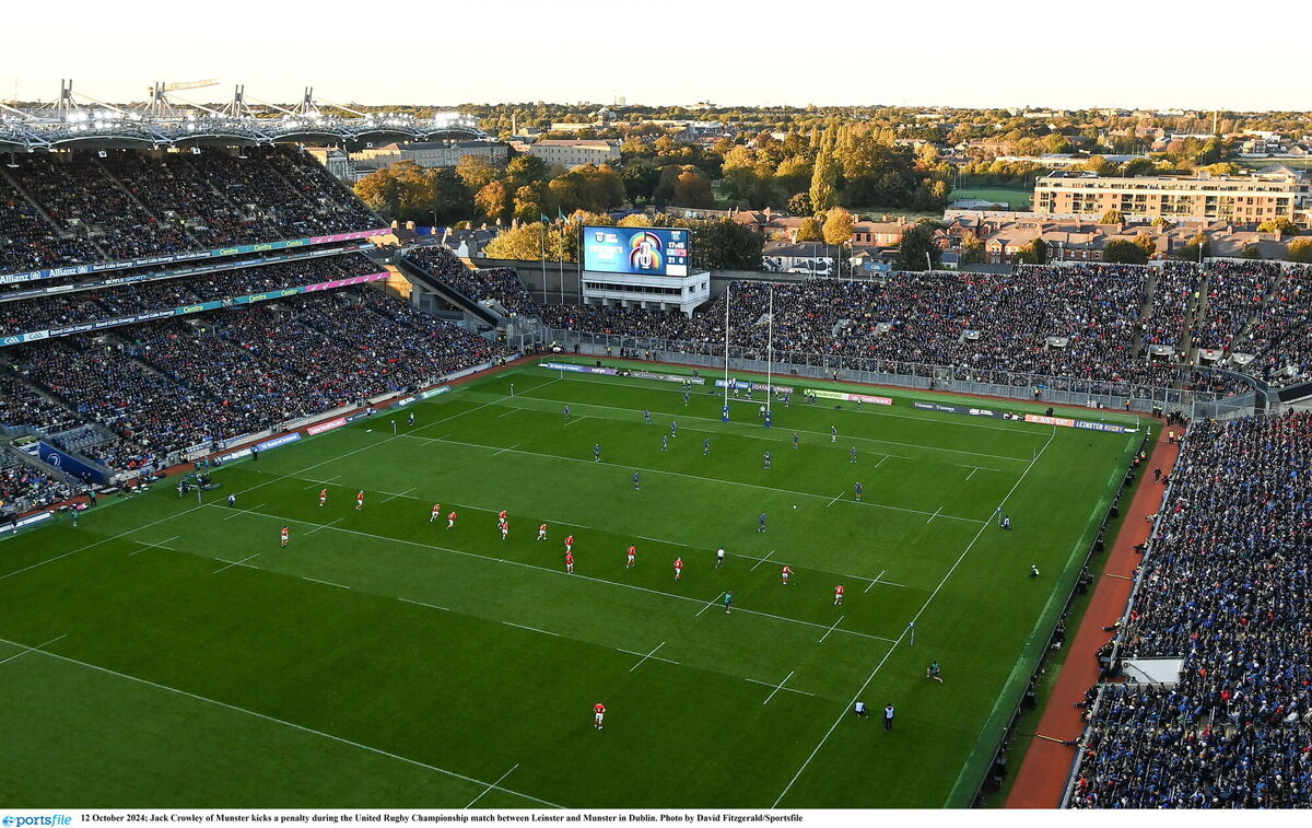 Jack Crowley of Munster kicks a penalty during the United Rugby Championship match against Leinster at Croke Park. Picture: David Fitzgerald/Sportsfile