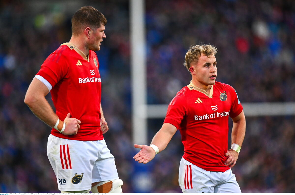 Craig Casey, right, and Jack O’Donoghue of Munster at Croke Park. Picture: Shauna Clinton/Sportsfile