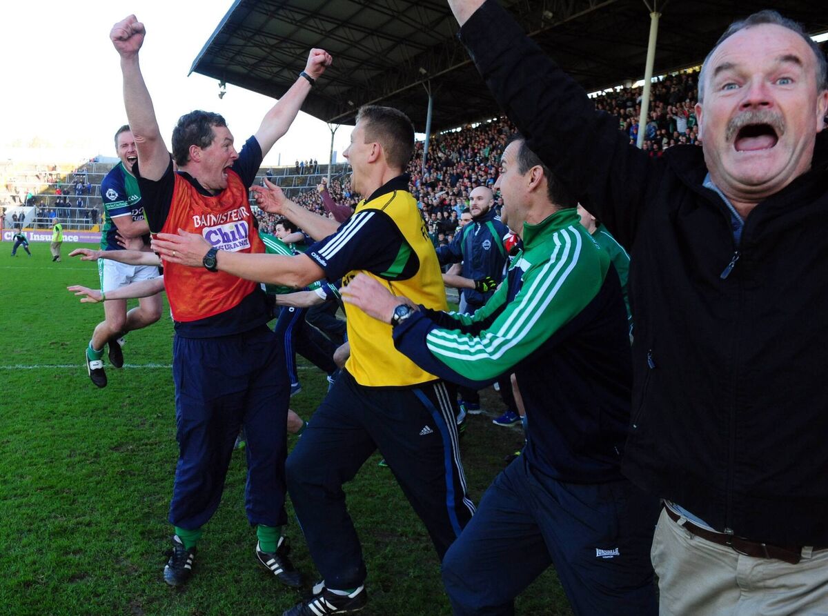 Ballincollig manager Michael O'Brien celebrates with his selectors after defeating Carbery Rangers in the Cork SFC final in 2014. Picture: Eddie O'Hare
