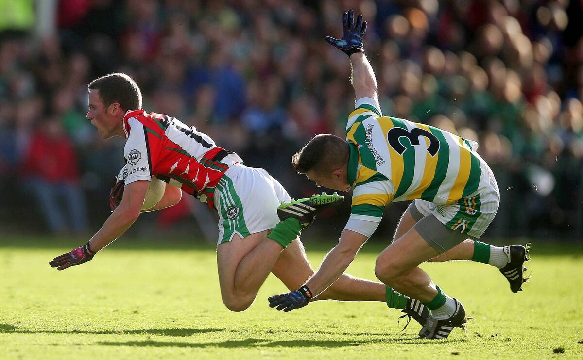Ballincollig's Patrick Kelly in action against Brian Shanahan of Carbery Rangers during the Cork SFC final in 2014. Picture: INPHO/Donall Farmer