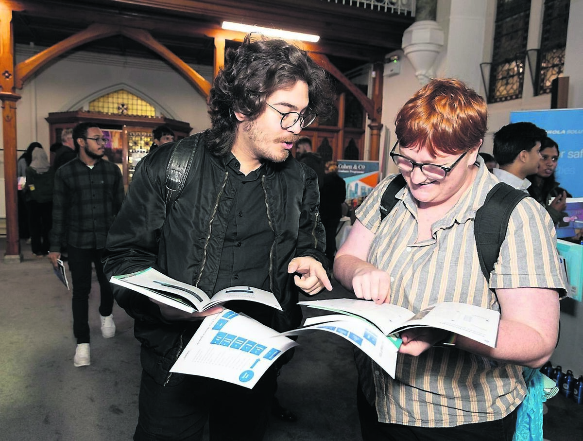 Griffith College students Manoel Leal, Blackpool, and Percy Focazio-Moran, Sunday’s Well, at the Griffith College Cork Careers Fair in the Griffith College, Cork Campus.	 Picture: Darragh Kane
                    
