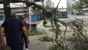 <p class="contextmenu internal_Caption">People walk past downed lights and trees in St Petersburg, Florida, after Hurricane Milton swept in last week</p>