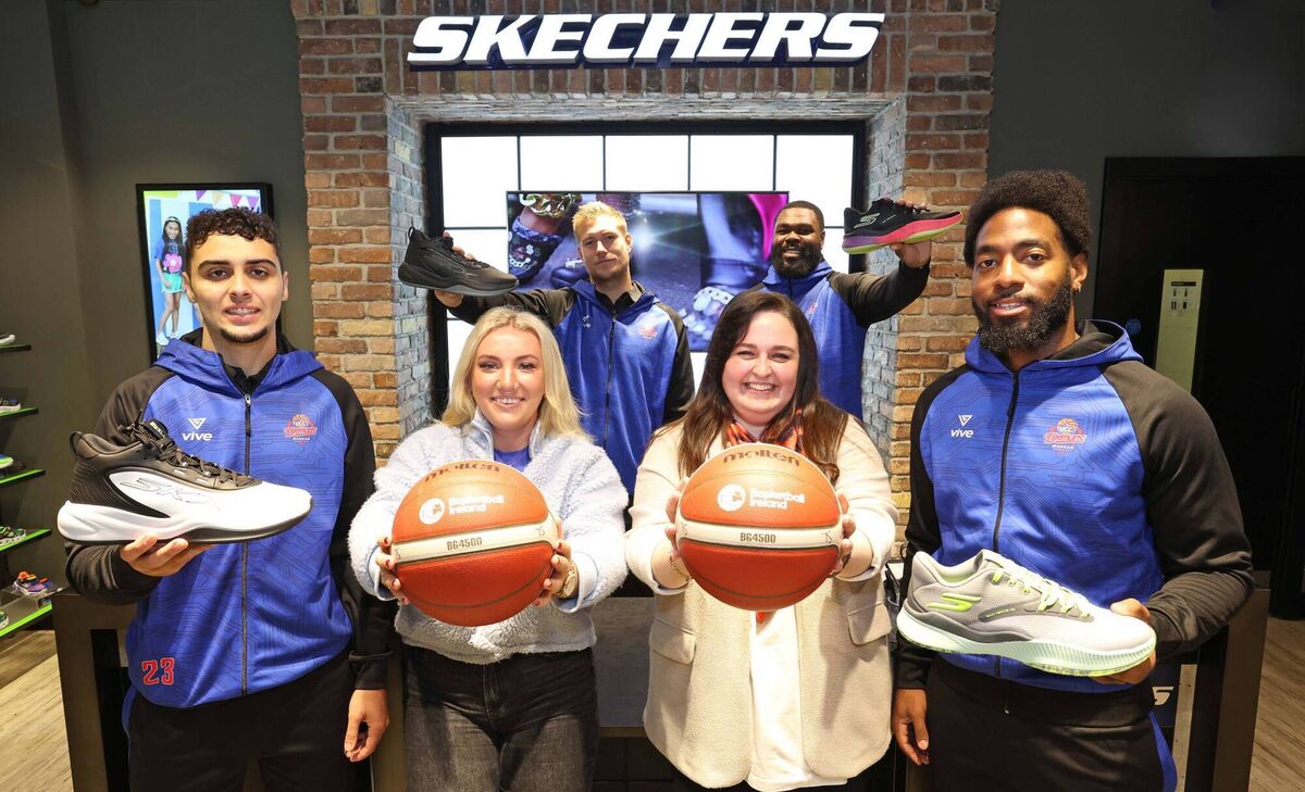 Pictured are, Aine Fitzgerald, Rebecca Quinlan, both Skechers with Daryl Cuff, Toby Christensen, Elijah Tillman and Sean Clancy, all UCC Demons Men's Superleague, as Skechers are partnering with Blue Demons Basketball Club as part of the launch of the Skechers Basketball footwear range. Picture: Jim Coughlan.