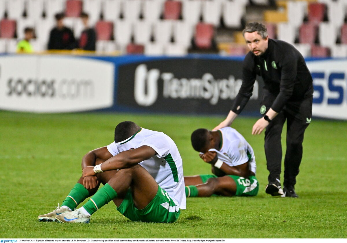 Republic of Ireland players after the UEFA European U21 Championship qualifier match between Italy and Republic of Ireland at Stadio Nereo Rocco in Trieste, Italy. Photo by Igor Kupljenik/Sportsfile