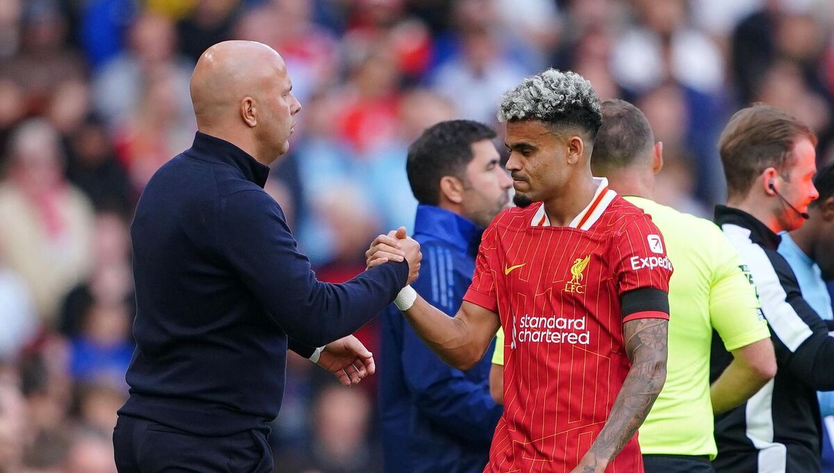 Liverpool manager Arne Slot consoles Luis Diaz after the Premier League match against Forestat Anfield, Liverpool last month. Picture: Peter Byrne/PA Wire