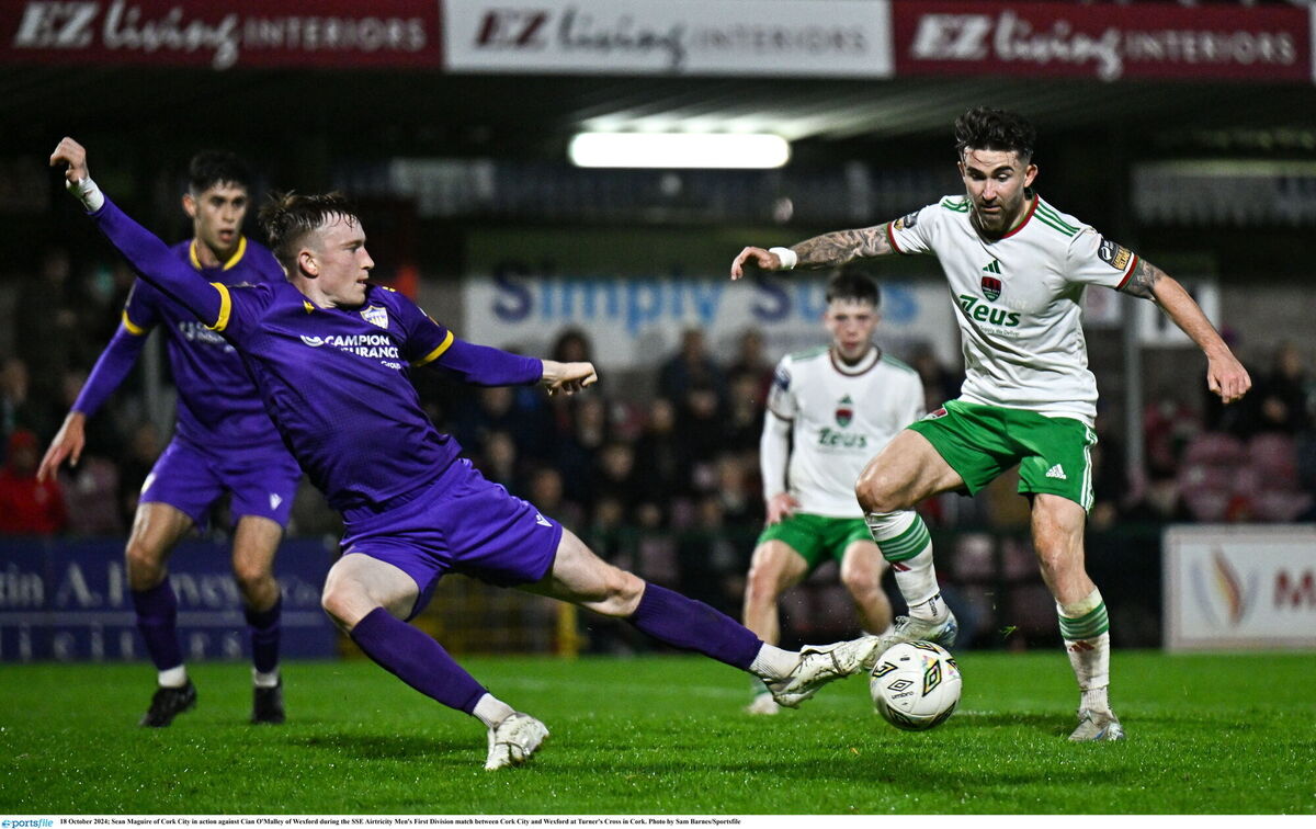 Sean Maguire of Cork City in action against Cian O'Malley. Picture: Sam Barnes/Sportsfile Sean Maguire of Cork City in action against Cian O'Malley. Picture: Sam Barnes/Sportsfile