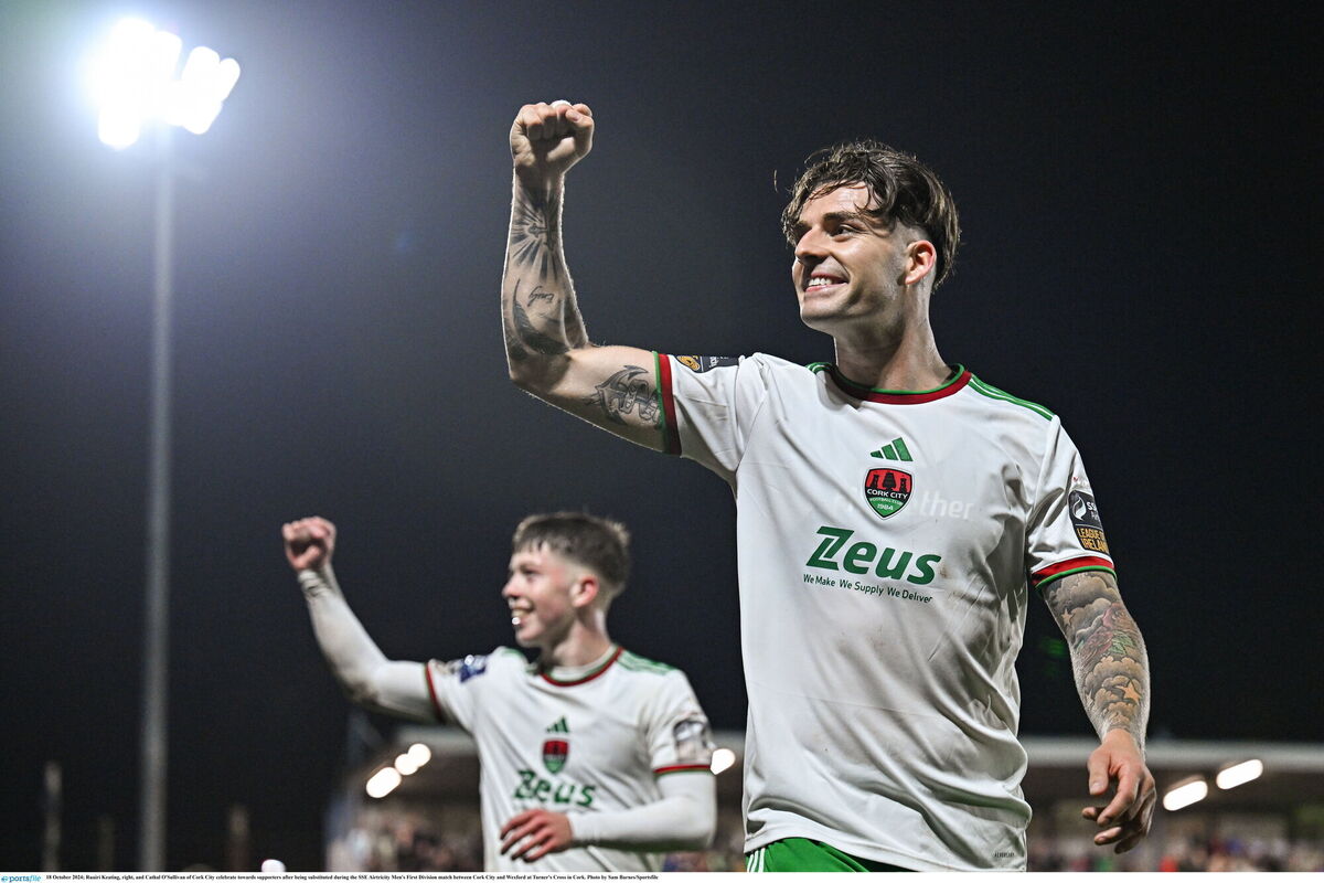 Ruairí Keating, right, and Cathal O'Sullivan of Cork City celebrate towards supporters at Turner's Cross. Picture: Sam Barnes/Sportsfile Ruairí Keating, right, and Cathal O'Sullivan of Cork City celebrate towards supporters at Turner's Cross. Picture: Sam Barnes/Sportsfile
